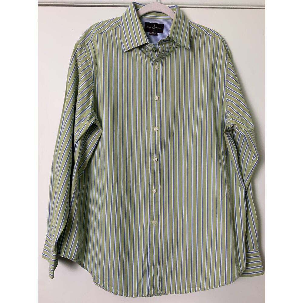 BLACK BROWN 1826 FLIP CUFF COTTON SHIRT AVOCADO GREEN BLUE STRIPE SIZE L